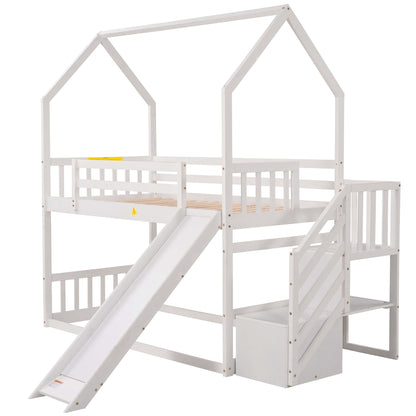 Twin over Twin House Bunk Bed with Convertible Slide,Storage Staircase,White