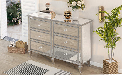 Elegant Mirrored Dresser with 6 Drawers, Modern Silver Finished Dresser 56.1“L x 18.1” W x 36.4” H for Living Room Bedroom