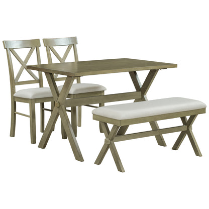 TOPMAX 4 Pieces Farmhouse Rustic Wood Kitchen Dining Table Set with Upholstered 2 X-back Chairs and Bench,Gray Green