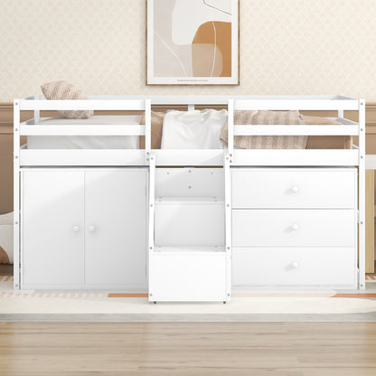 Full Size Functional Loft Bed with Cabinets and Drawers, Hanging Clothes at the back of the Staircase, White