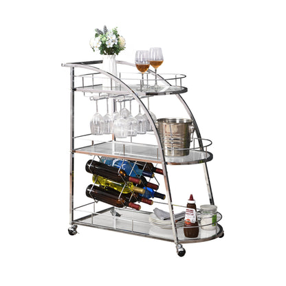 Chrome Mobile Bar Cart Serving Wine Cart with Wheels, 3-tier Metal Frame Elegant Wine Storage for Kitchen, Party, Dining Room and Living Room, Silver