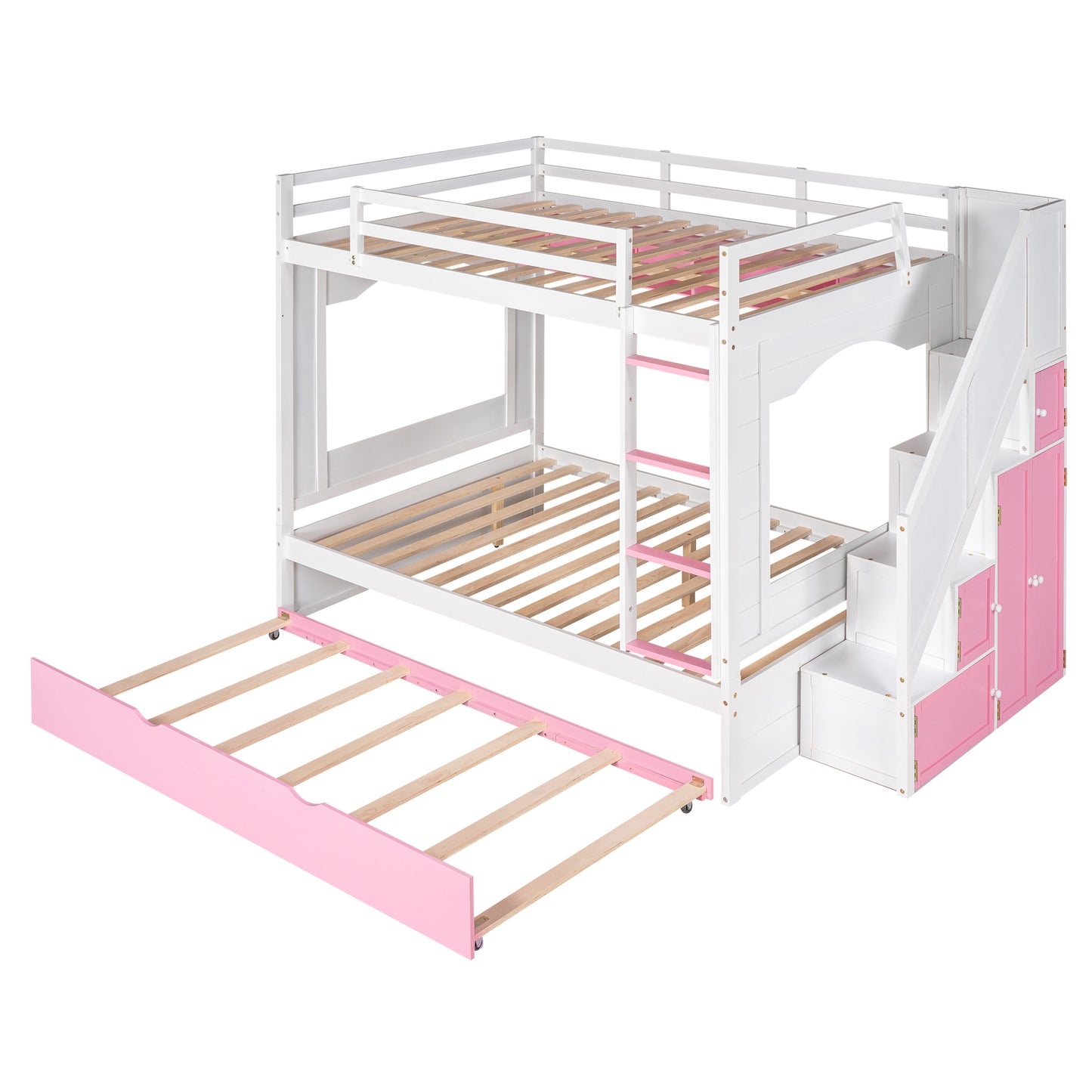 Full Over Full Bunk Bed with Trundle ,Stairs,Ladders Solid Wood Bunk bed with Storage Cabinet （White + Pink）