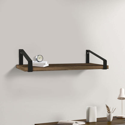 Joel 18 Inch Industrial Rectangular Wood and Metal Floating Wall Shelf, Grain Details, Walnut Brown, Black