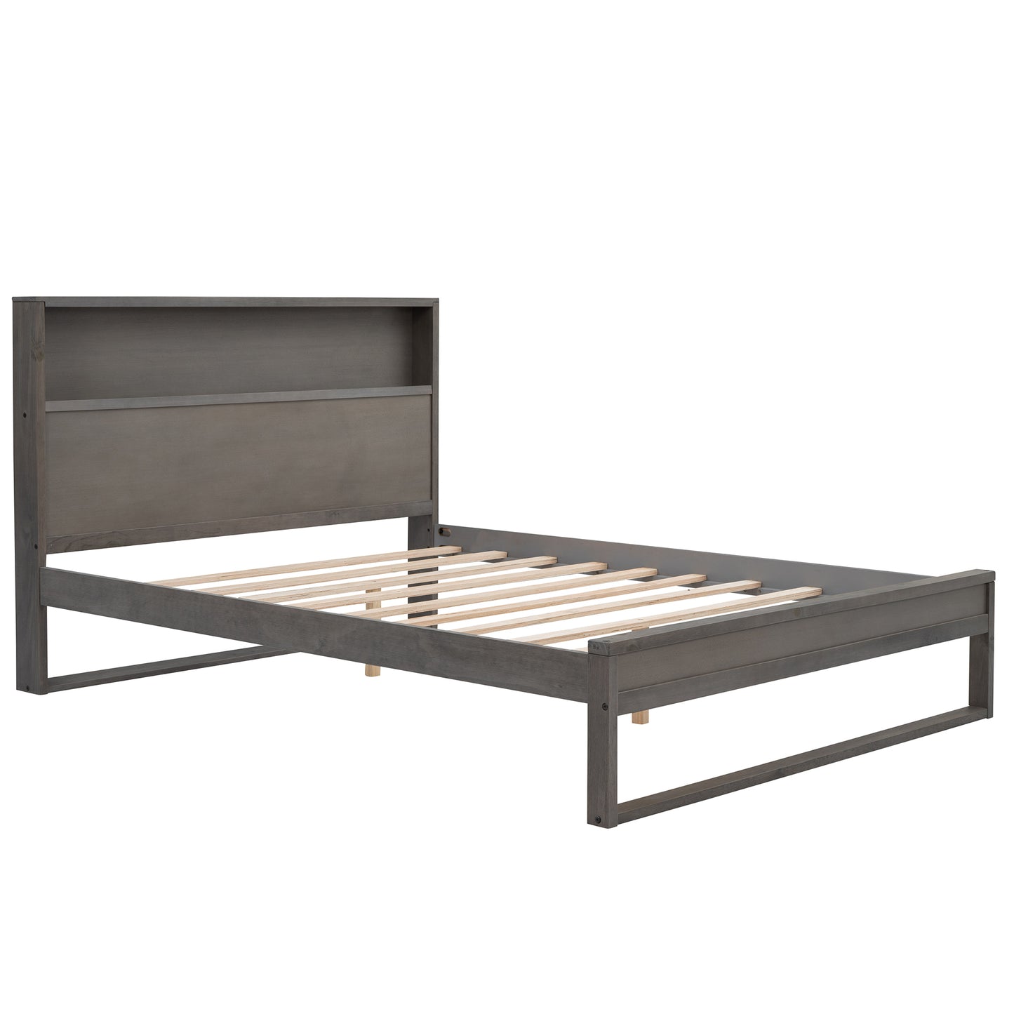 Platform Bed with Storage Headboard,Sockets and USB Ports,Queen Size Platform Bed,Antique Gray