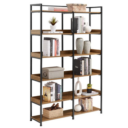 70.8 Inch Tall Bookshelf MDF Boards Stainless Steel Frame, 6-tier Shelves with Back&Side Panel, Adjustable Foot Pads, Brown