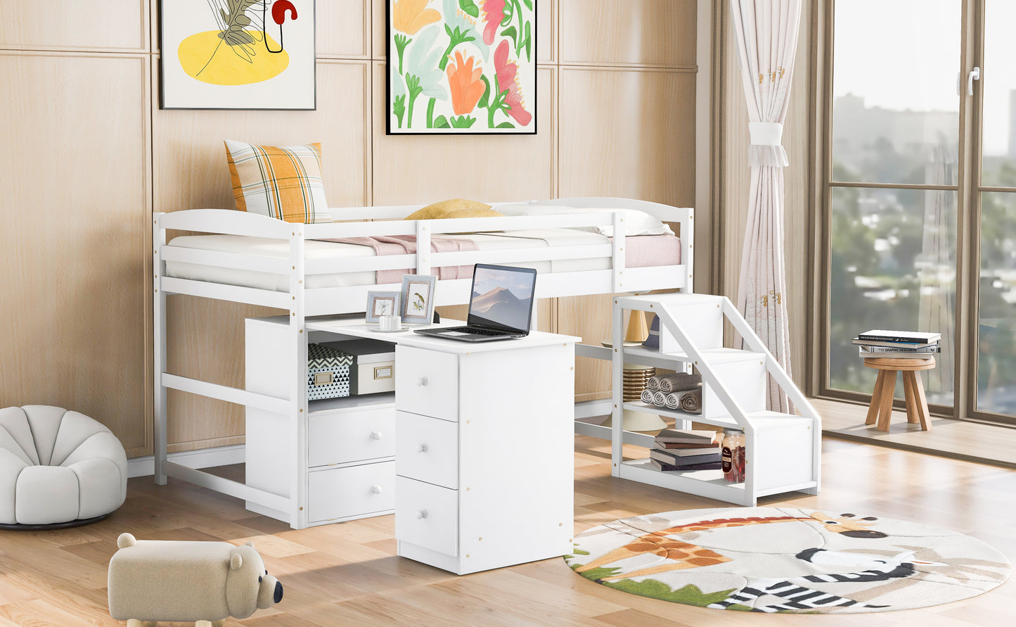 Twin Size Loft Bed with Multifunctional Movable Built-in Desk and and Staircase,White(OLD SKU:GX000925AAK)