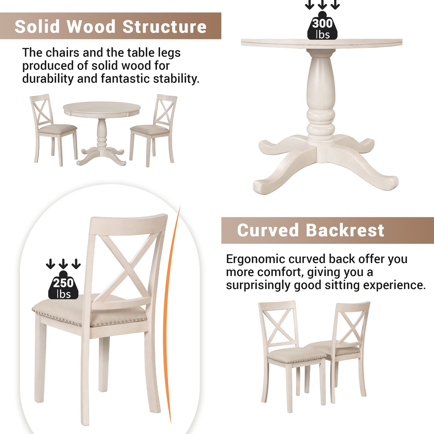 Modern Dining Table Set for 4,Round Table and 4 Kitchen Room Chairs,5 Piece Kitchen Table Set for Dining Room,Dinette,Breakfast Nook,Antique White