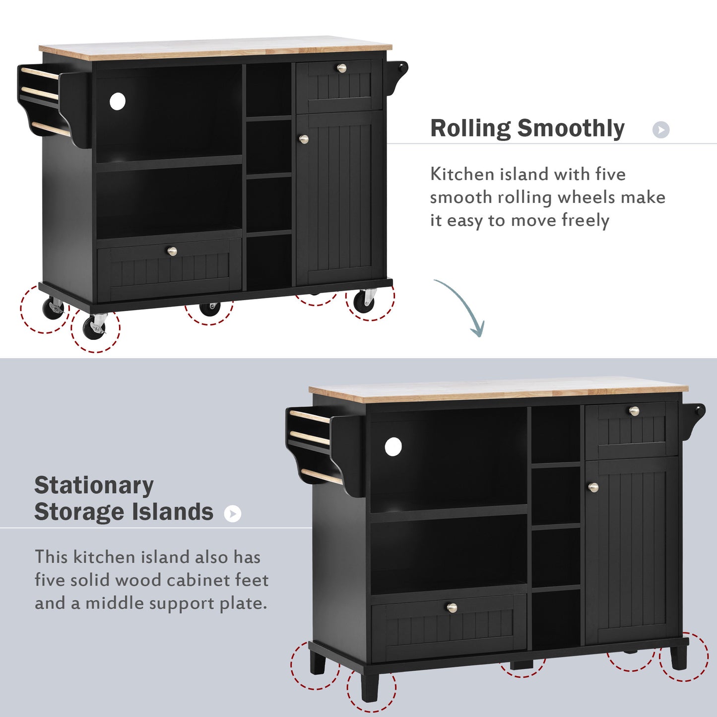 K&K Kitchen Island Cart with Storage Cabinet and Two Locking Wheels,Solid wood desktop,Microwave cabinet,Floor Standing Buffet Server Sideboard for Kitchen Room,Dining Room,, Bathroom（Black）