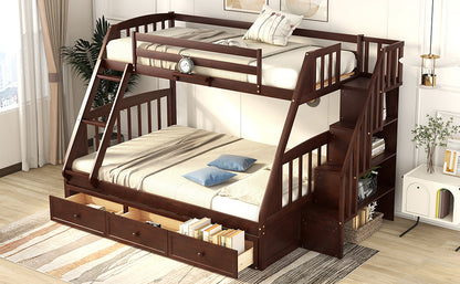 Twin-Over-Full Bunk Bed with Drawers，Ladder and Storage Staircase, Espresso