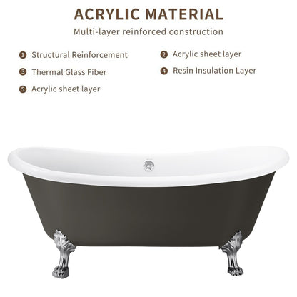 67" 100% Acrylic Freestanding Bathtub，Contemporary Soaking Tub，white inside and gray outside