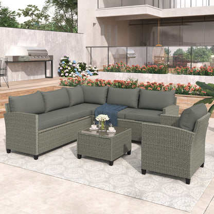 U_STYLE Patio Furniture Set, 5 Piece Outdoor Conversation Set，with Coffee Table, Cushions and Single Chair