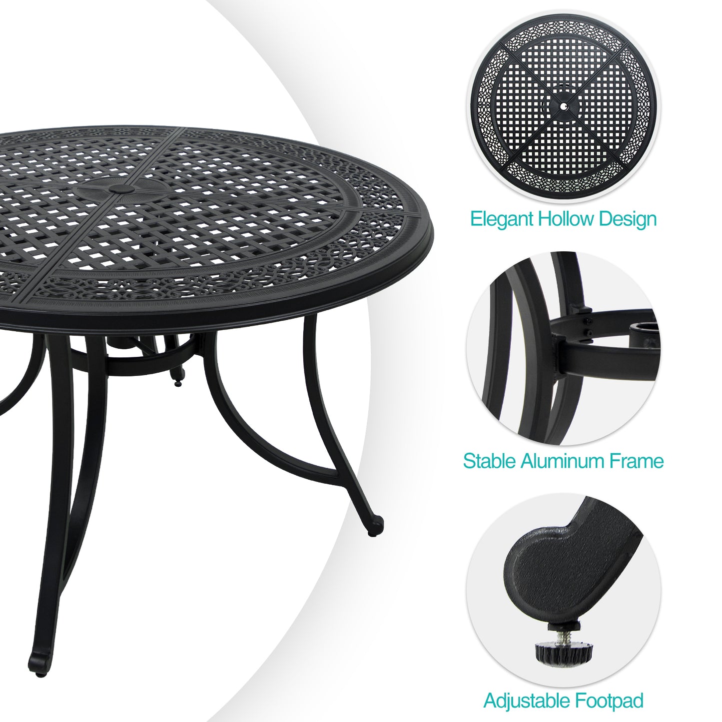 47.99 Inch Cast Aluminum Patio Table with Umbrella Hole,Round Patio Bistro Table for Garden, Patio, Yard, Black with Antique Bronze at The Edge