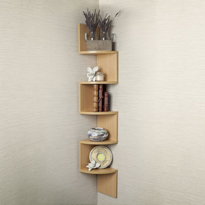 Large Laminated Beech Veneer Corner Wall Mount Shelf, Natural Brown