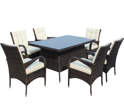 Patio 7-Piece Rectangular Dining Set with 6 Dining Chairs (Brown &Beige Cushion )