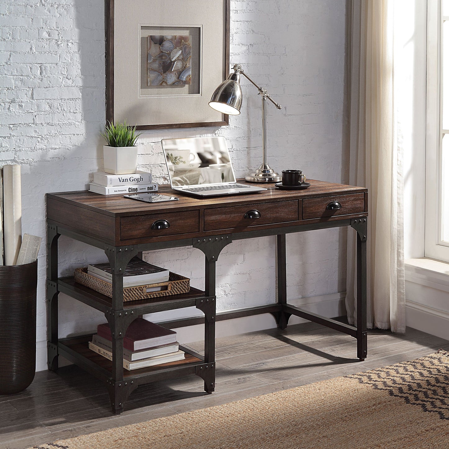 ACME Gorden Writing Desk, Espresso Oak Finish & Antique Black Metal OF00143