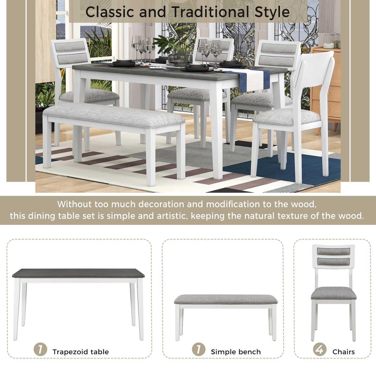 TREXM Classic and Traditional Style 6 - Piece Dining Set, Includes Dining Table, 4 Upholstered Chairs & Bench (White+Gray)