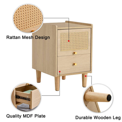 Modern simple storage cabinet MDF Board bedside cabinet Japanese rattan bedside cabinet Small household furniture bedside table.Applicable to dressing table in bedroom, porch, living room.2 Drawers