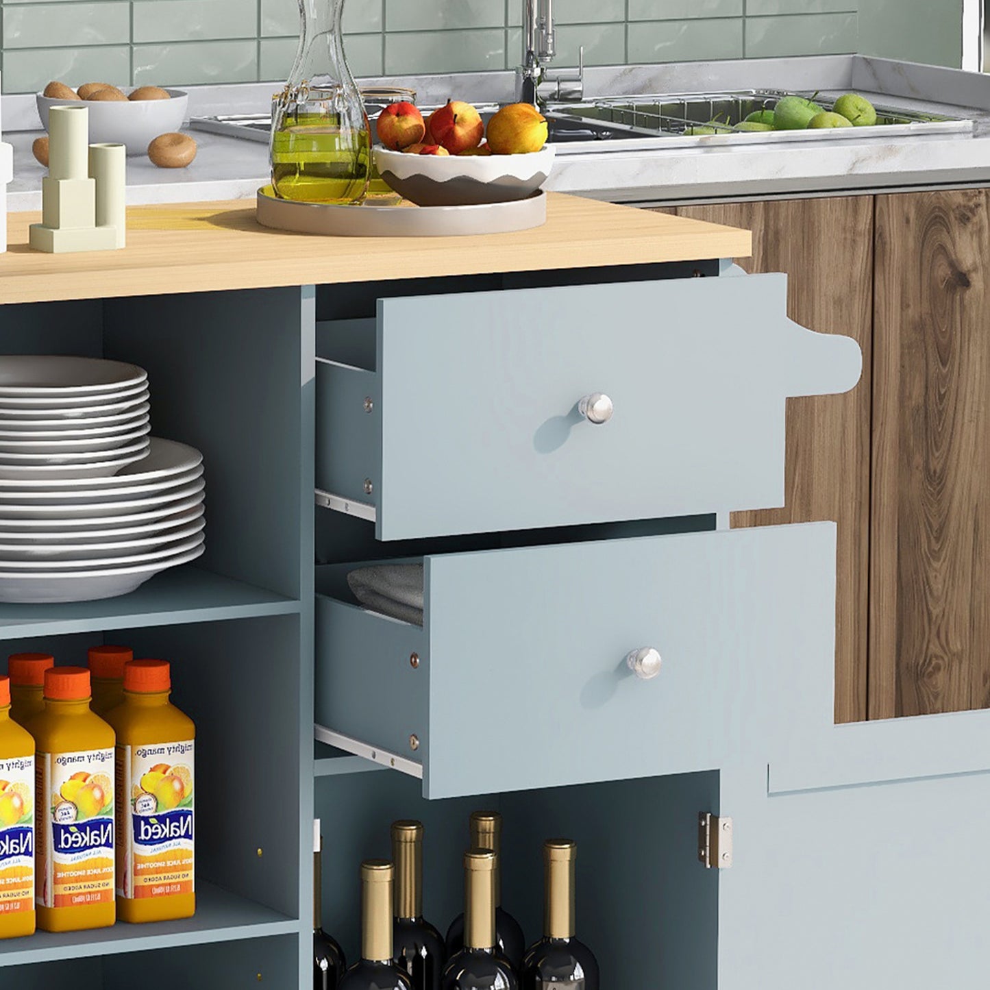 K&K Store Kitchen Cart on 4 Wheels with 2 Drawers and 3 Open Shelves, Kitchen Island with Rubber Wood top for Dinning Room, Grey Blue