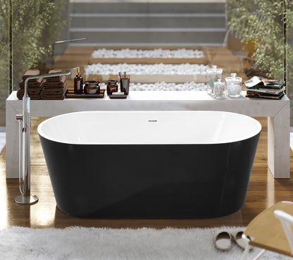 59" 100% Black Acrylic Freestanding Bathtub Contemporary Soaking Tub with Brushed Nickel Overflow and Drain