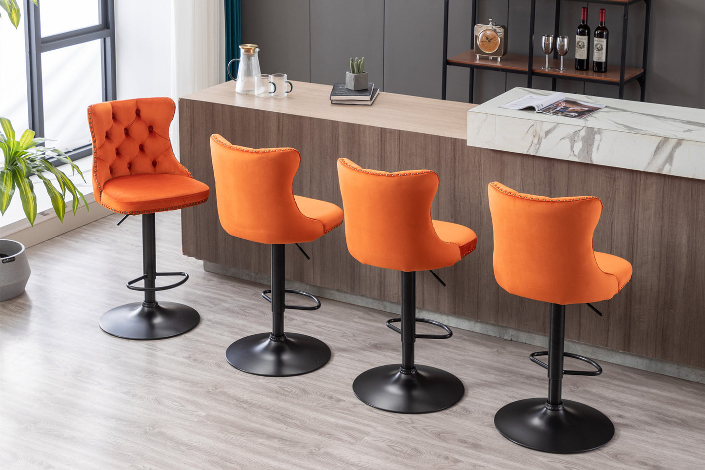 A&A Furniture,Swivel Velvet Barstools Adjusatble Seat Height from 25-33 Inch, Modern Upholstered Bar Stools with Backs Comfortable Tufted for Home Pub and Kitchen Island（Orange,Set of 2）