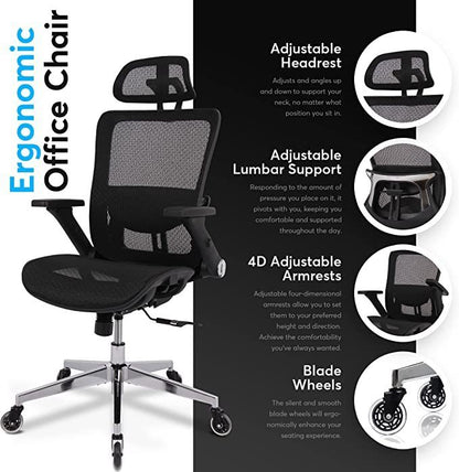 Ergonomic Mesh Office Chair - Rolling Home Desk Chair with 4D Adjustable Flip Armrests,  Adjustable Lumbar Support and Blade Wheels