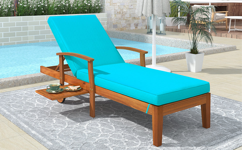 TOPMAX Outdoor Solid Wood 78.8" Chaise Lounge Patio Reclining Daybed with Cushion, Wheels and Sliding Cup Table for Backyard, Garden, Poolside,Brown Wood Finish+Blue Cushion