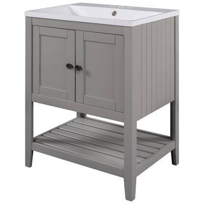 [VIDEO] 24" Grey Modern Sleek Bathroom Vanity Elegant Ceramic Sink with Solid Wood Frame Open Style Shelf (OLD SKU: JL000001AAE)