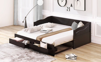 Wooden Daybed with Trundle Bed and Two Storage Drawers , Extendable Bed Daybed,Sofa Bed with Two Drawers, Espresso