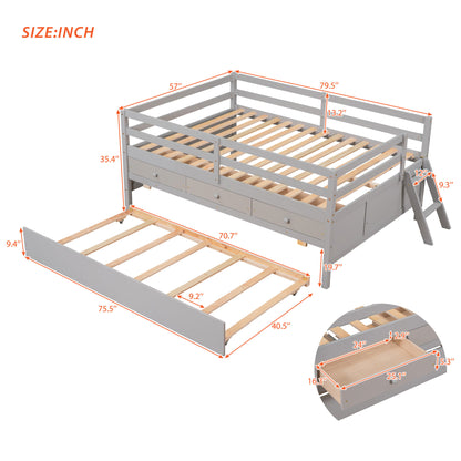 Low Loft Bed Full Size with Full Safety Fence, Climbing ladder, Storage Drawers and Trundle Gray Solid Wood Bed