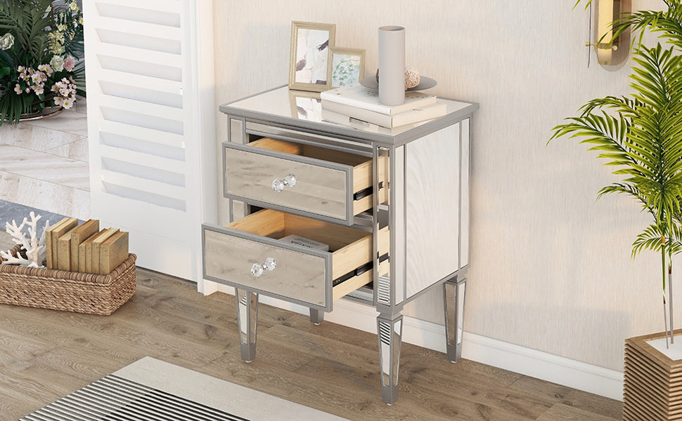 Elegant Mirrored Nightstand with 2 Drawers, Modern Silver Finished End Table Side Table for Living Room Bedroom