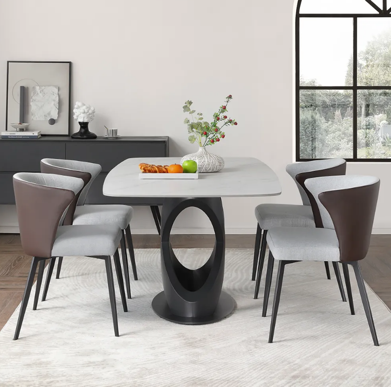 Modern Dining Table, Sintered Stone Tabletop Dining Room Table for Up To 8, Solid Black Carbon Steel Base, 71"