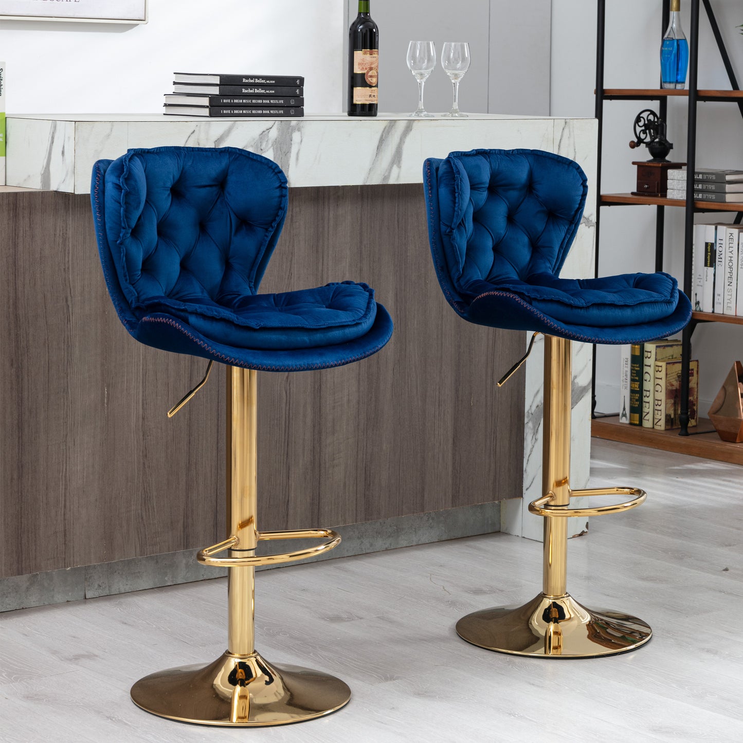 Set of 2  Bar Stools,with Chrome Footrest and Base Swivel Height Adjustable Mechanical Lifting Velvet + Golden Leg Simple Bar Stool-blue