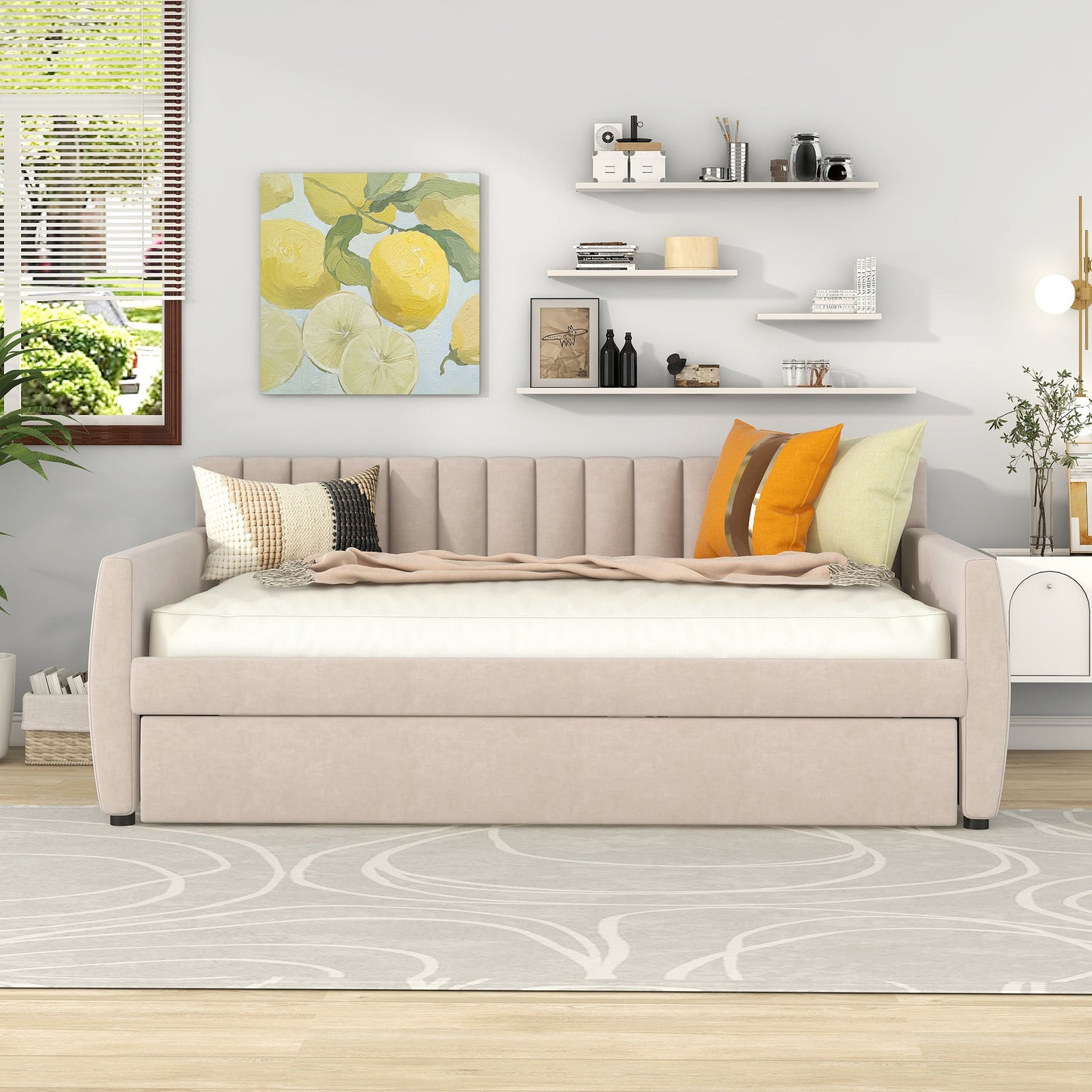 Full Size Upholstered daybed with Trundle and Wood Slat Support, Beige