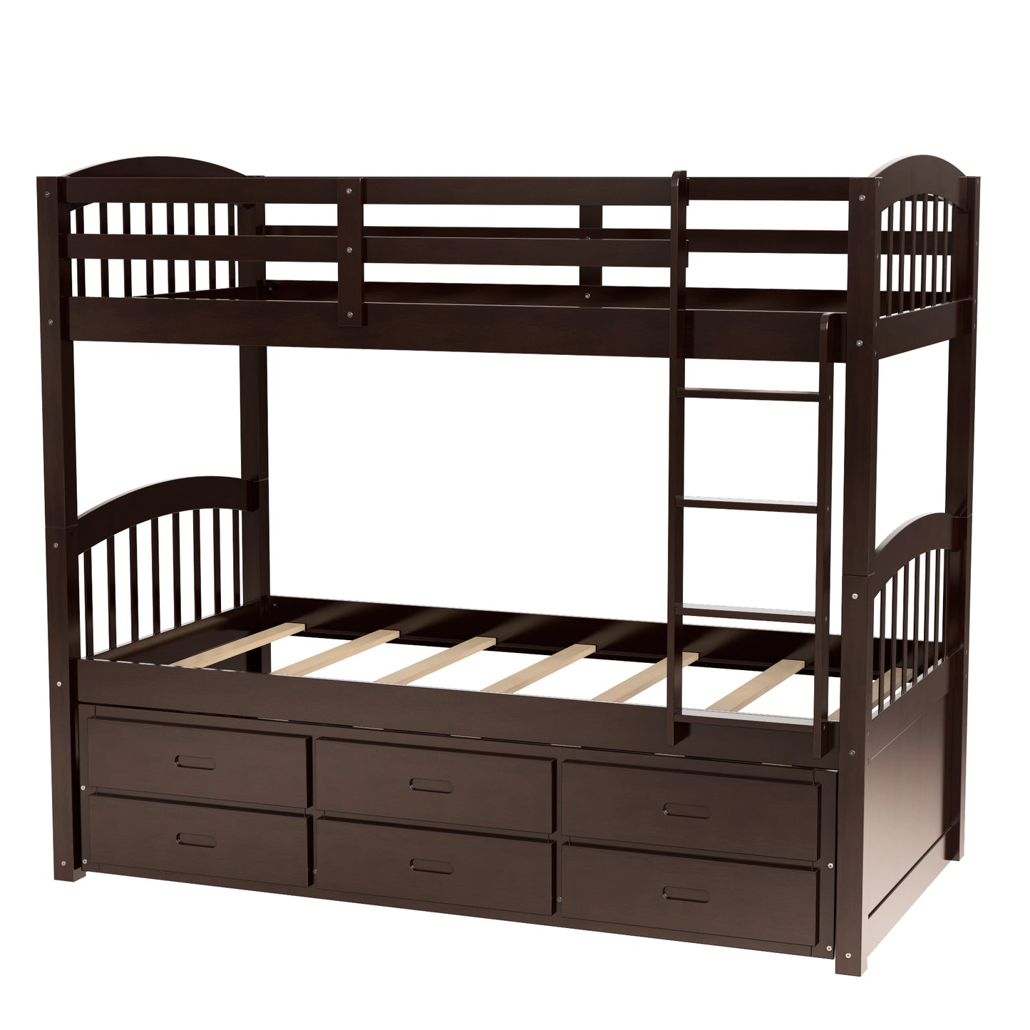 Twin over Twin Wood Bunk Bed with Trundle and Drawers, Espresso