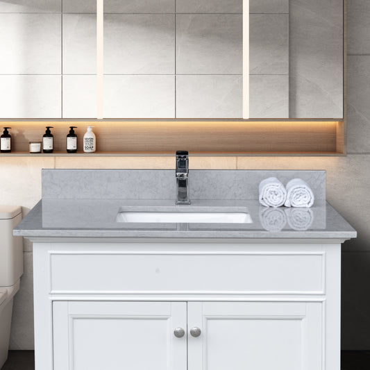 Montary 31 inches bathroom stone vanity top calacatta gray engineered marble color with undermount ceramic sink and single faucet hole with backsplash