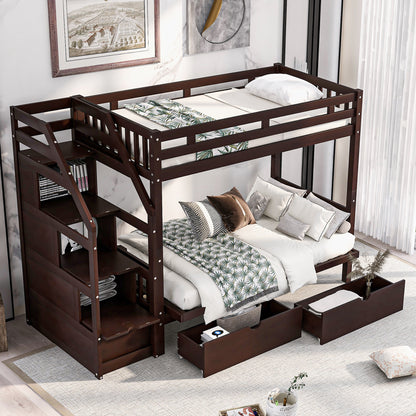 Twin over Full Bunk Bed with Two Drawers and Staircase, Down Bed can be Converted into Daybed,Espresso