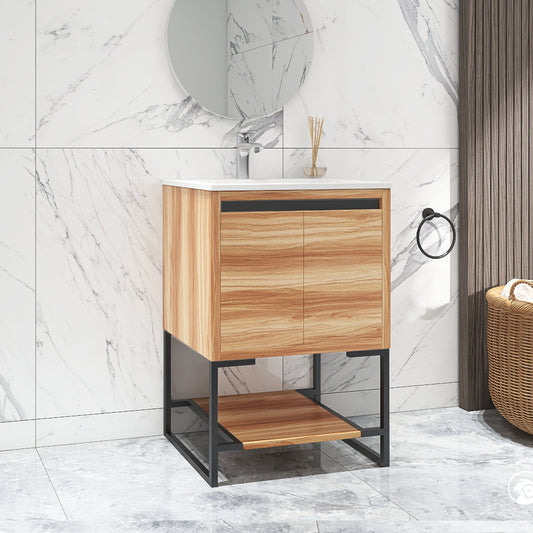 24 inches Wood Freestanding Bathroom Vanity Combo with Integrated Ceramic Sink and 2 Soft Close Doors