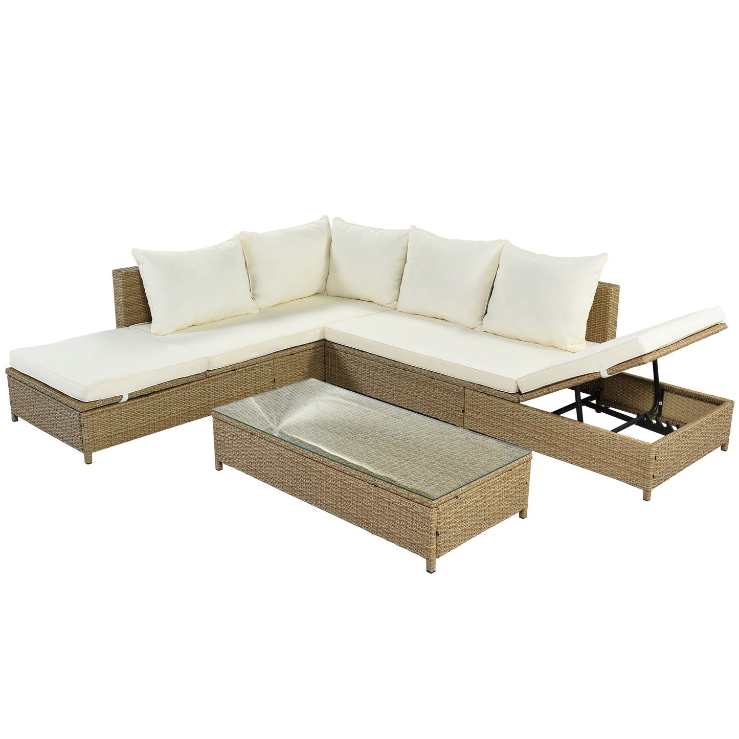 TOPMAX Patio 3-Piece Rattan Sofa Set All Weather PE Wicker Sectional Set with Adjustable Chaise Lounge Frame and Tempered Glass Table, Natural Brown+ Beige Cushion