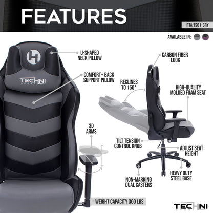 Techni Sport TS-61 Ergonomic High Back Racer Style Video Gaming Chair, Grey/Black