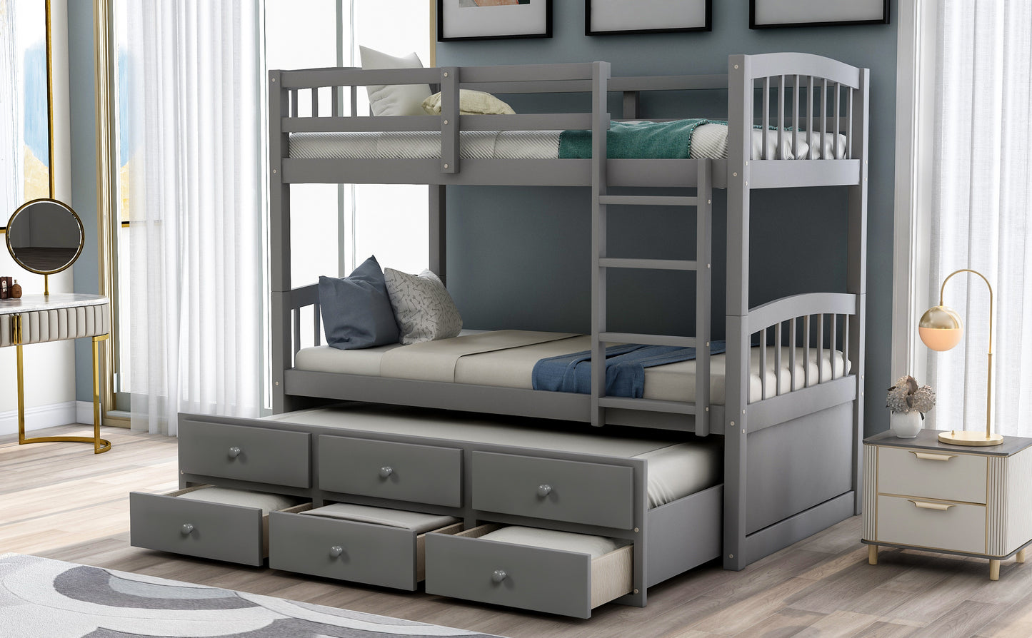 Twin Bunk Bed with Ladder, Safety Rail, Twin Trundle Bed with 3 Drawers for Bedroom, Guest Room Furniture(Gray)(OLD SKU :LP000071AAE)