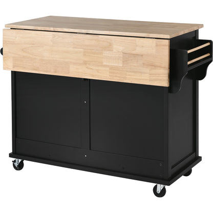 K&K Kitchen Cart with Rubber wood Drop-Leaf Countertop, Concealed sliding barn door adjustable height,Kitchen Island on 4 Wheels with Storage Cabinet and 2 Drawers,L52.2xW30.5xH36.6 inch, Black