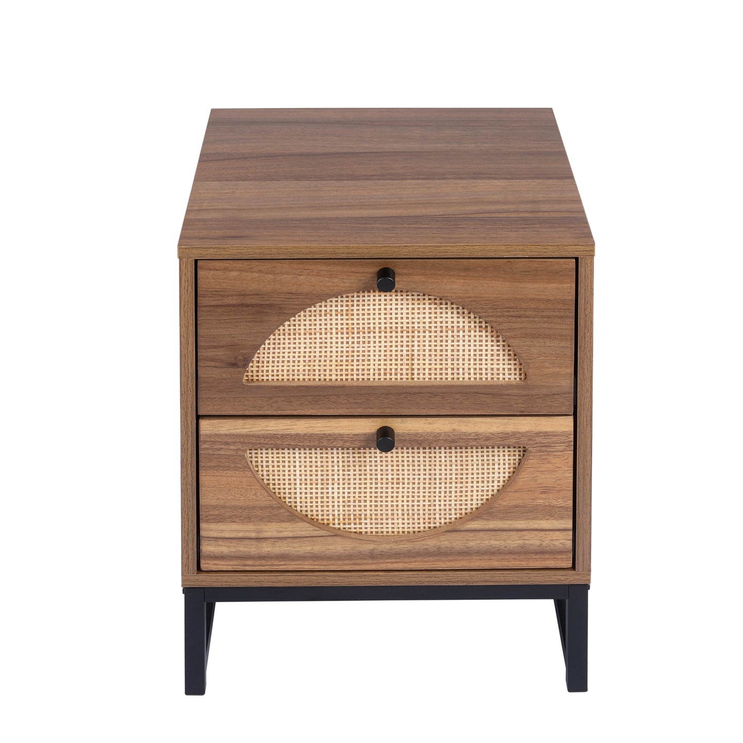 Rattan Nightstand Set of 2, Walnut End Table with 2 Natural Rattan Drawer & Metal Legs