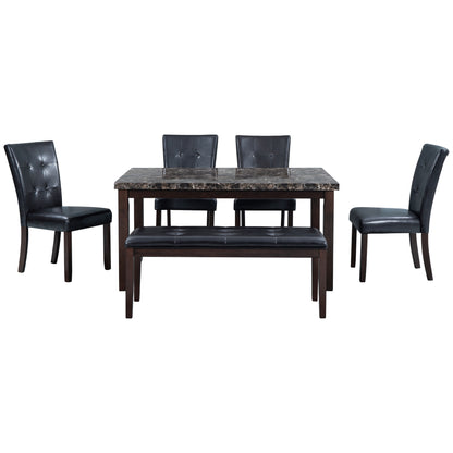 6-piece Faux Marble Dining Table Set  with one Faux Marble Dining Table ,4 Chairs and 1 Bench, Table: 66”x38”x 30”,Chair: 20.2”x28.5”x39”, Black