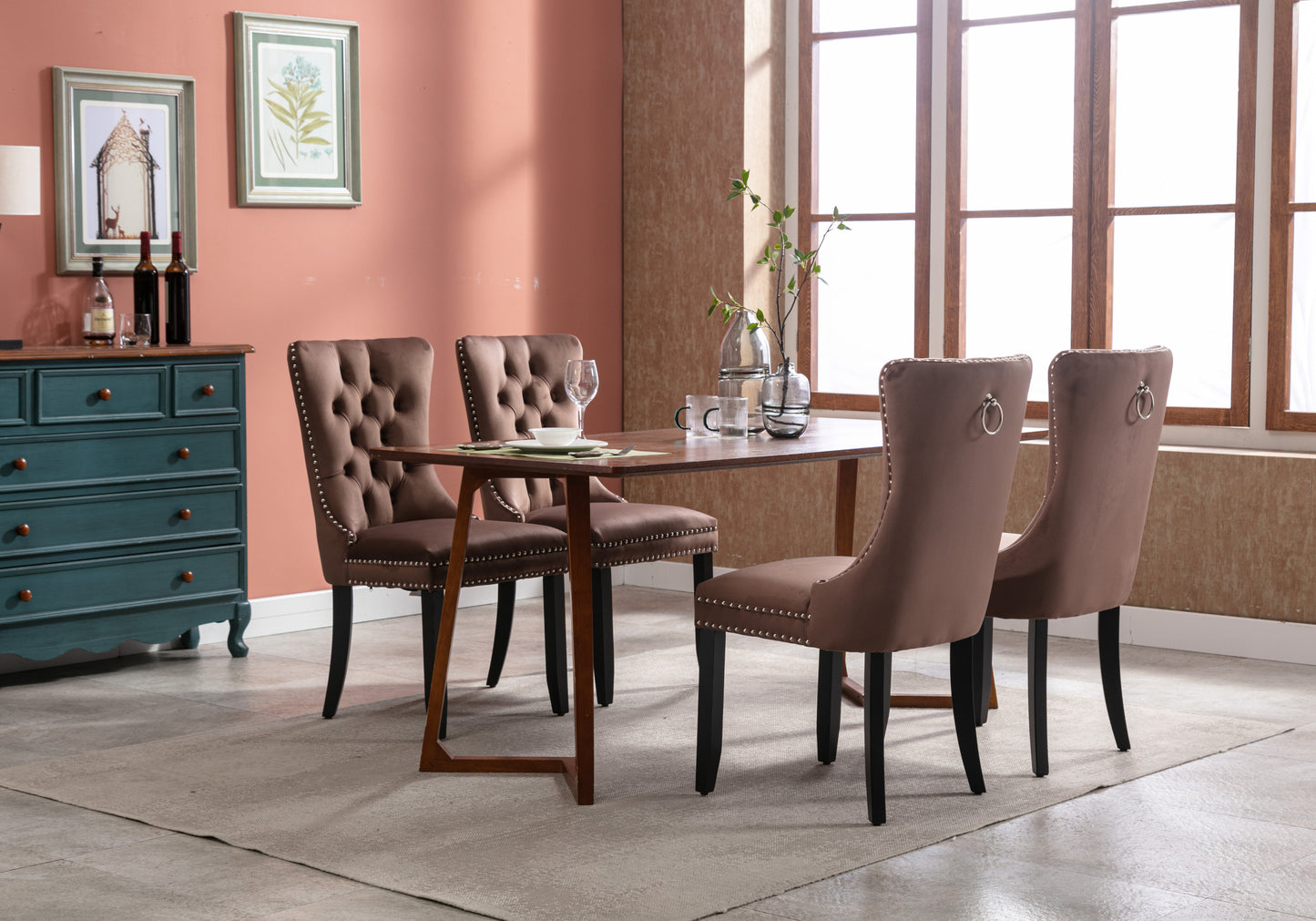 Upholstered Button Tufted Back Brown Velvet Dining Chair with Nailhead Trim and Solid Wood Legs 2 Sets