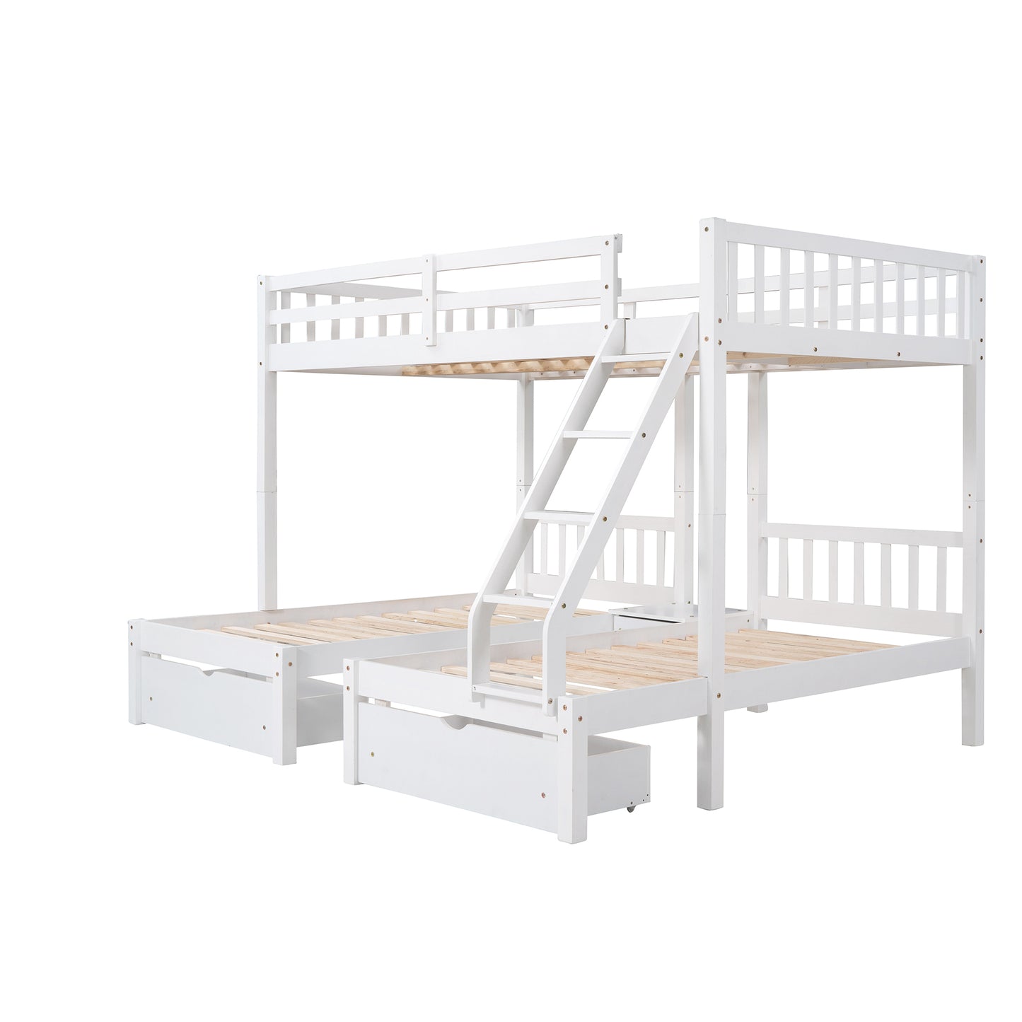 Full Over Twin & Twin Bunk Bed, Wood Triple Bunk Bed with Drawers and Guardrails  (White) （OLD SKU:LP000143AAK）