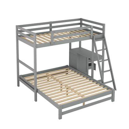 Twin over Full Bunk Bed with Built-in Desk and Three Drawers,Grey