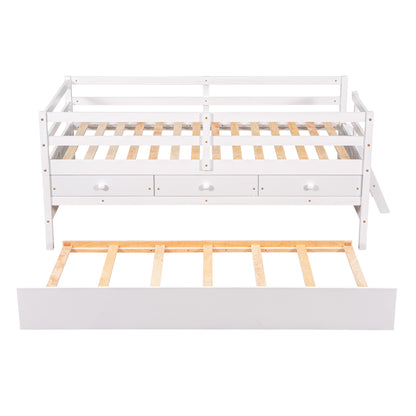 Low Loft Bed Twin Size with Full Safety Fence, Climbing ladder, Storage Drawers and Trundle White Solid Wood Bed