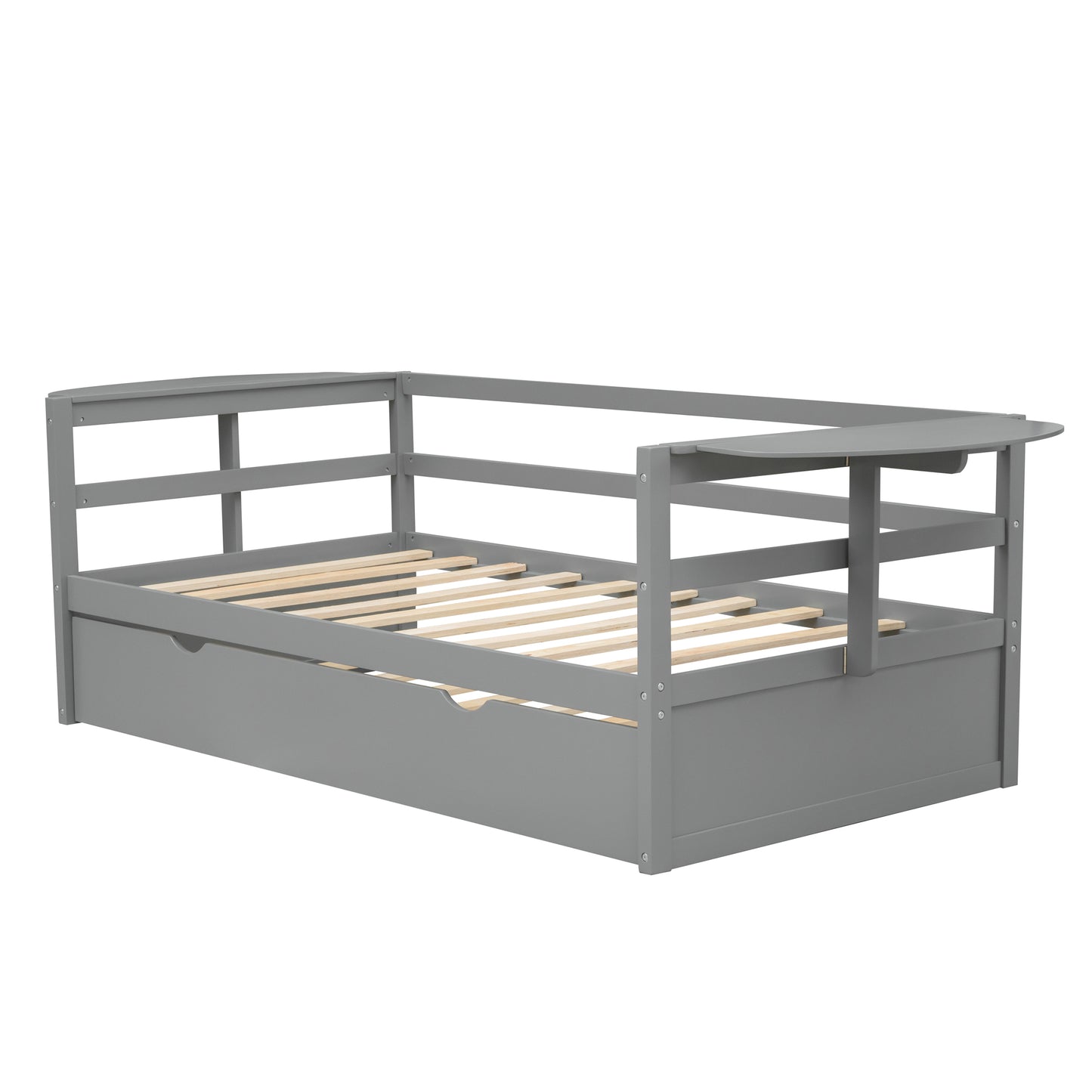 Twin Size Daybed with Trundle and Foldable Shelves on Both Sides,Gray