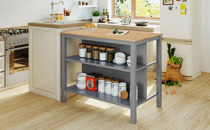 TOPMAX Solid Wood Rustic 3-piece 45" Stationary Kitchen Island Set with 2 Seatings, Rubber Wood Butcher Block Dining Table Set Prep Table Set with 2 Open Shelves for Small Places，Natural+Gray