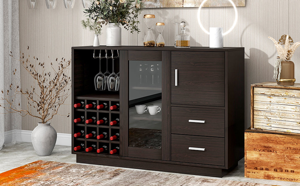 TREXM Kitchen Functional Sideboard with Glass Sliding Door and Integrated 16 Bar Wine Compartment, Wineglass Holders (Espresso)